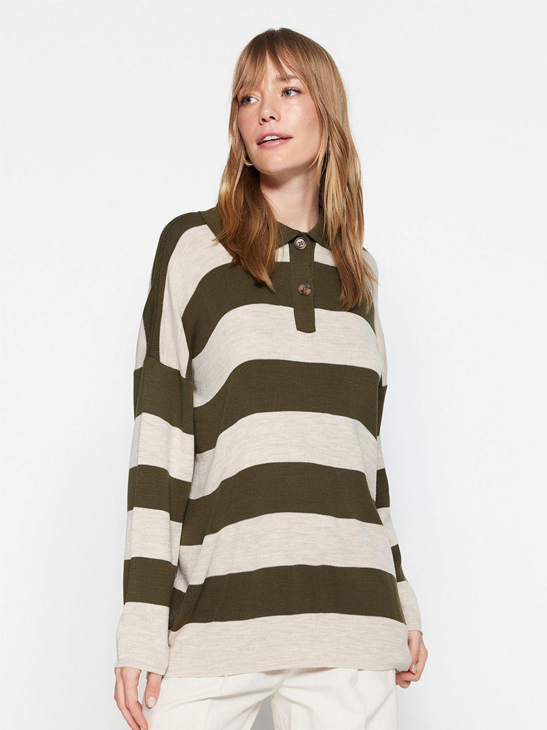 trendyol striped spread collar pure acrylic pullover