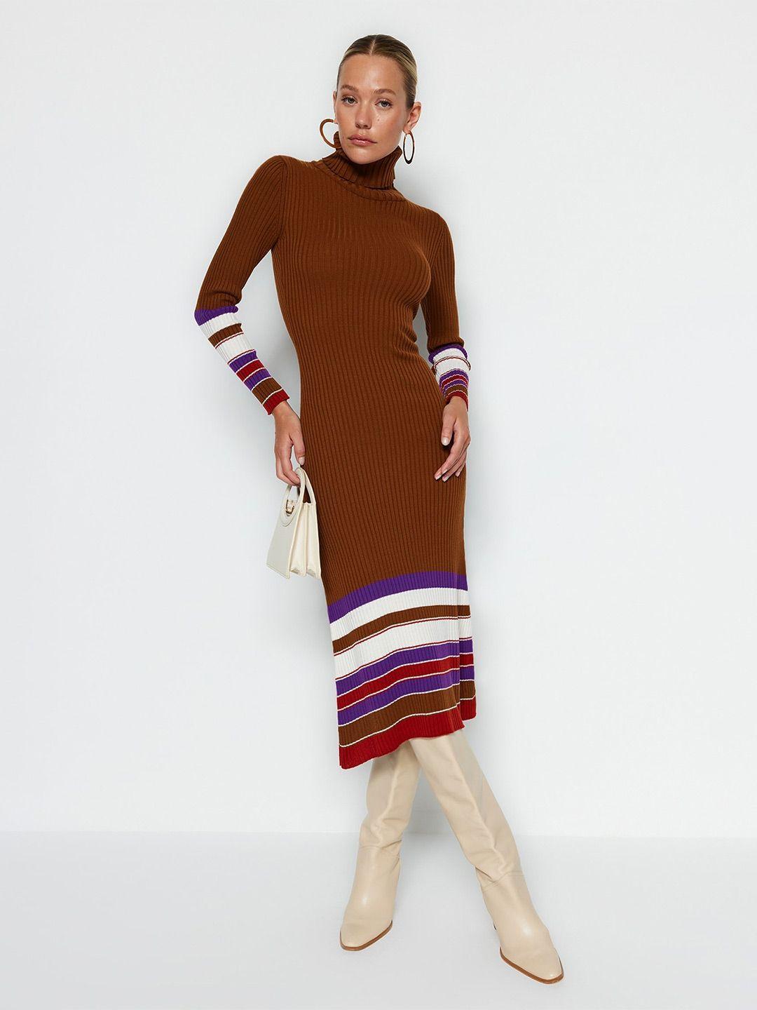 trendyol striped turtle neck long sleeves pure acrylic a-line midi dress