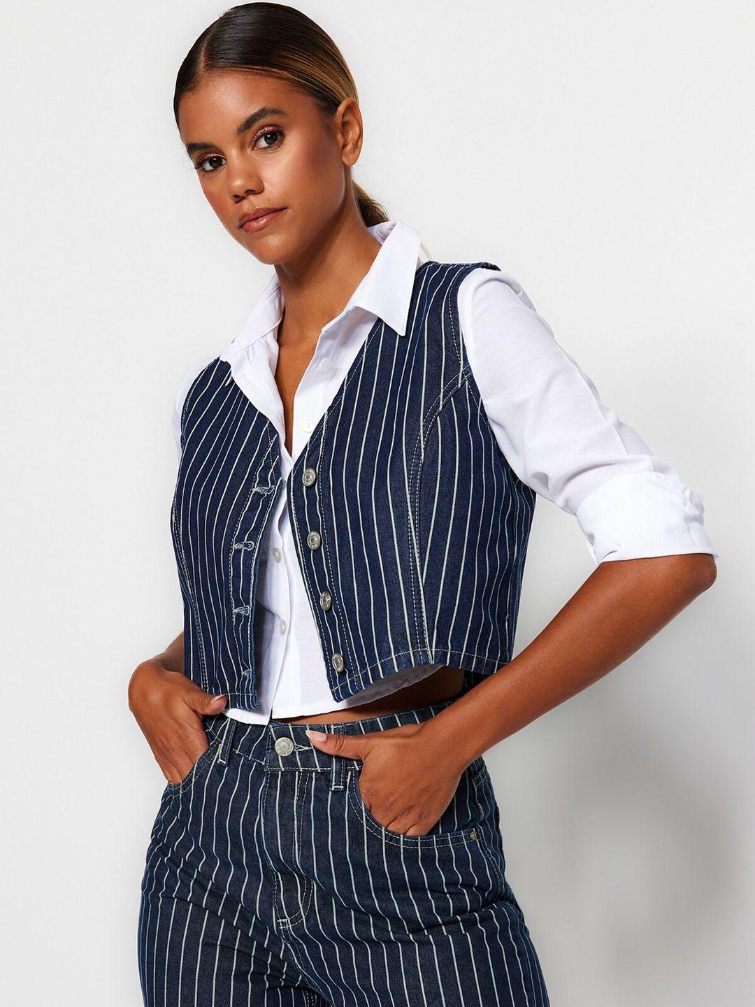 trendyol striped v-neck sleeveless pure cotton waistcoat