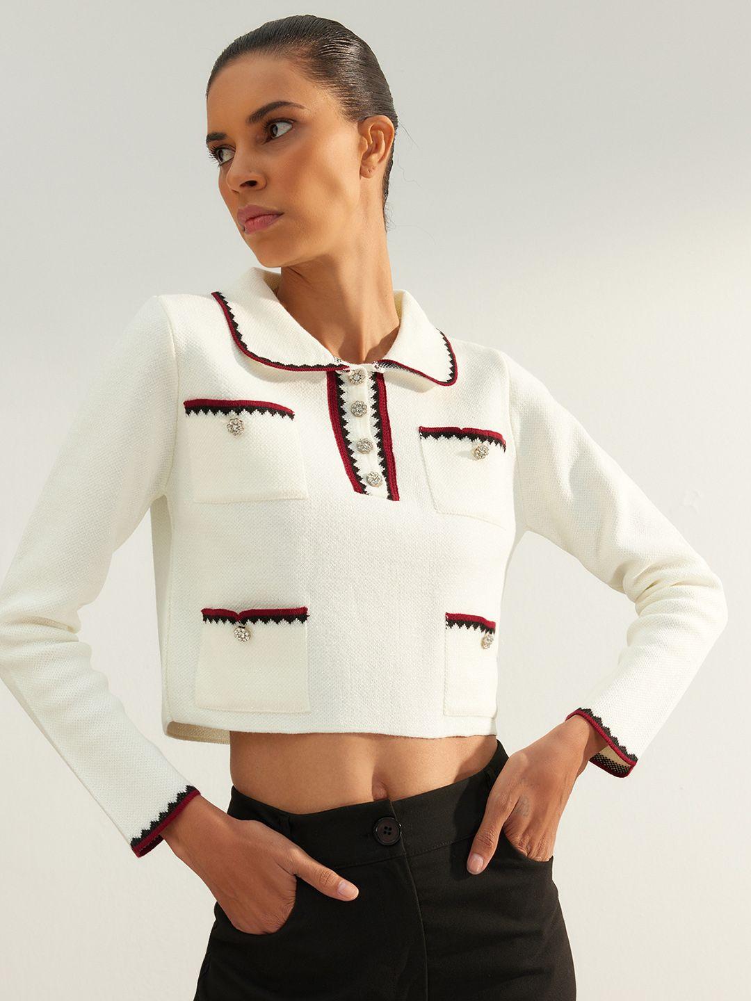 trendyol studded embellished peter pan collar acrylic crop top