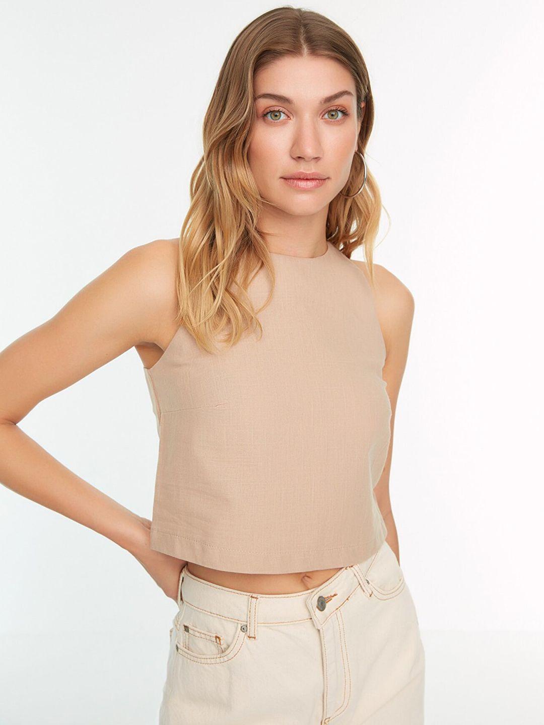 trendyol taupe solid pure cotton top
