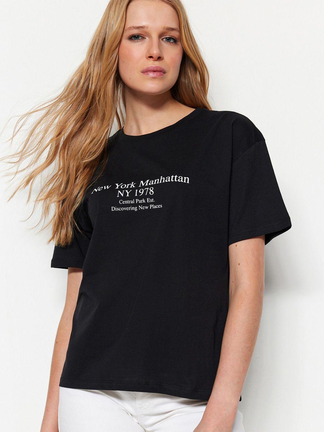 trendyol typography printed drop -shoulder sleeves pure cotton t-shirt