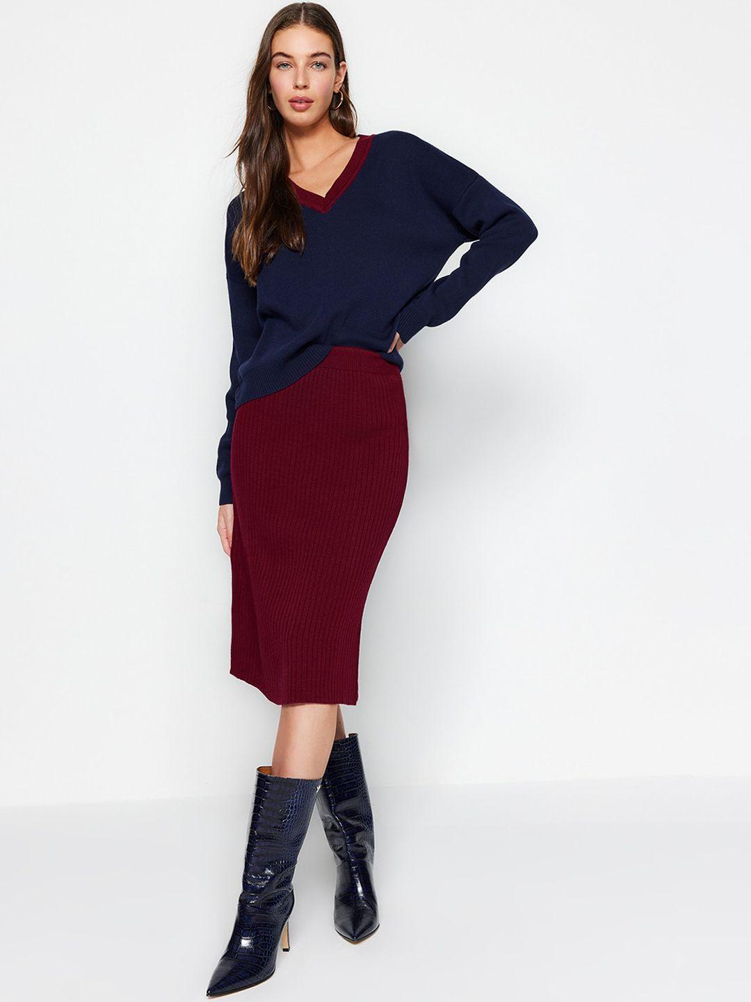 trendyol v-neck acrylic sweater with skirt