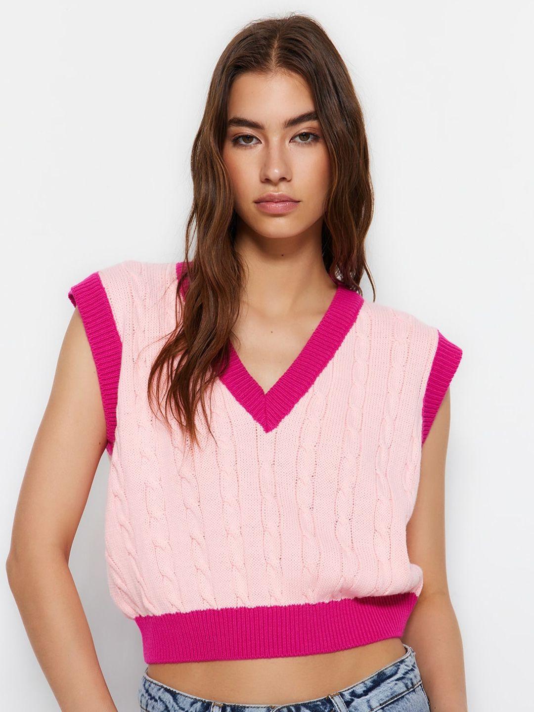 trendyol v-neck cable knit crop pure acrylic sweater vest