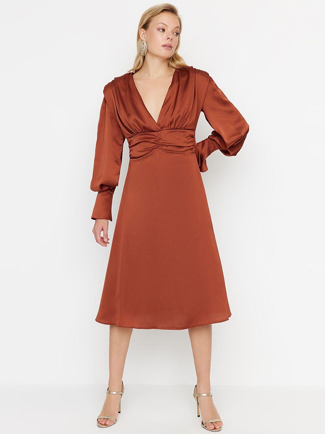 trendyol v-neck cuffed sleeves a-line midi dress