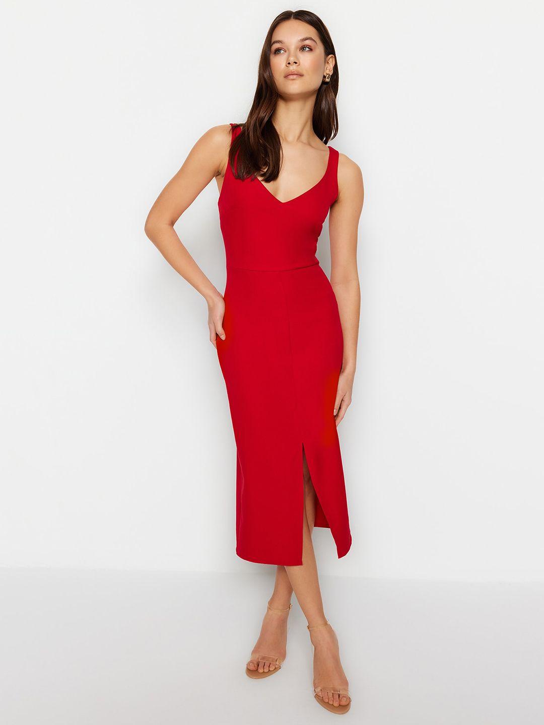 trendyol v-neck front slit sheath midi dress