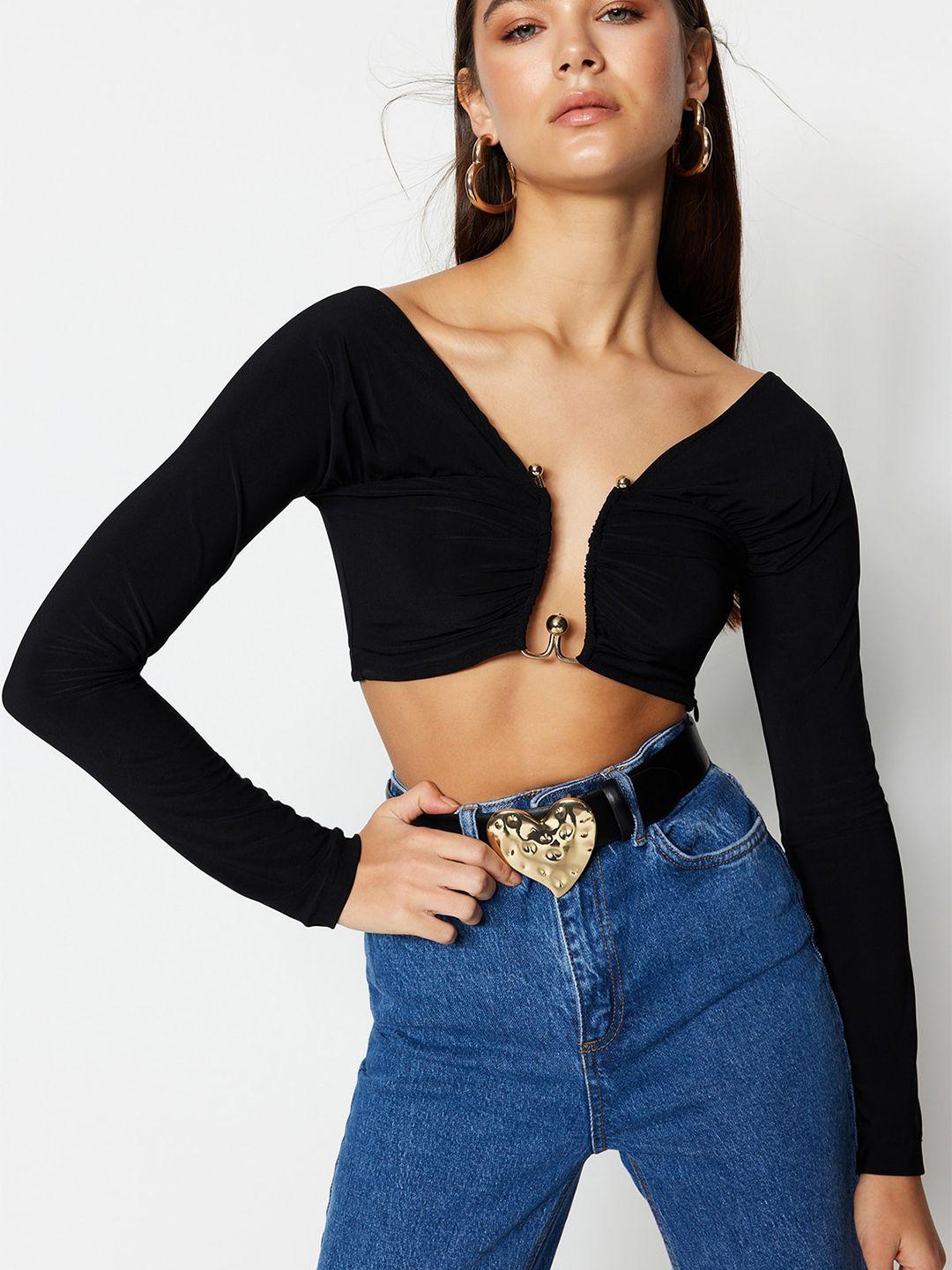 trendyol v-neck long sleeve ruched bralette crop top