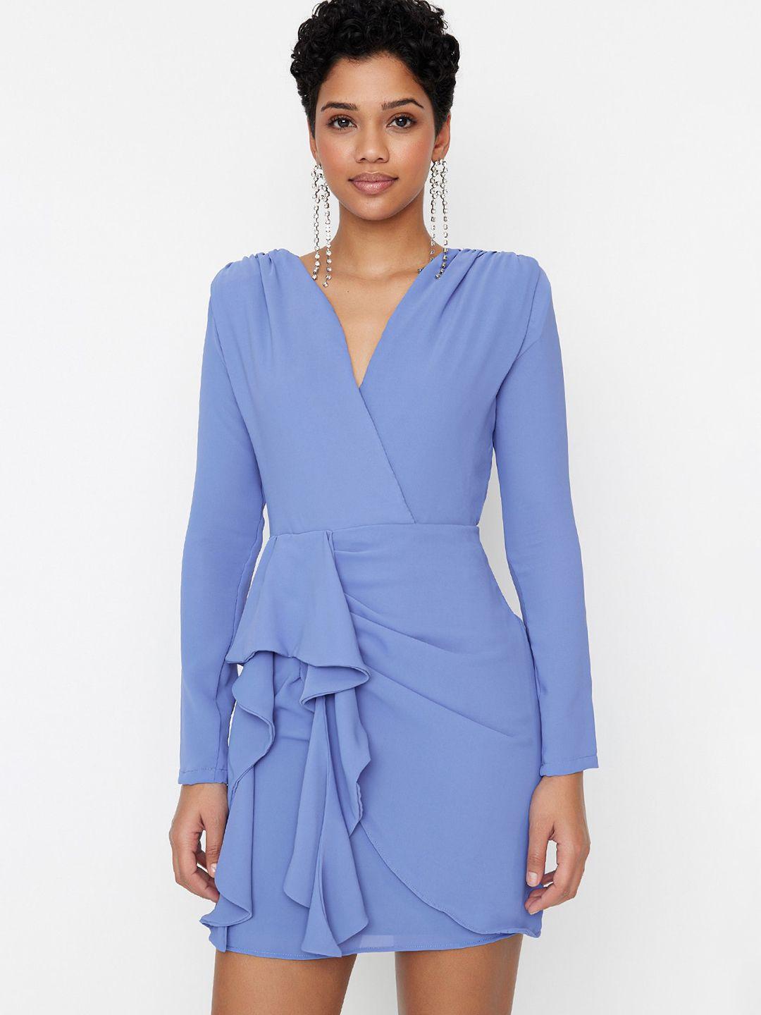 trendyol v-neck long sleeve ruffled sheath mini dress