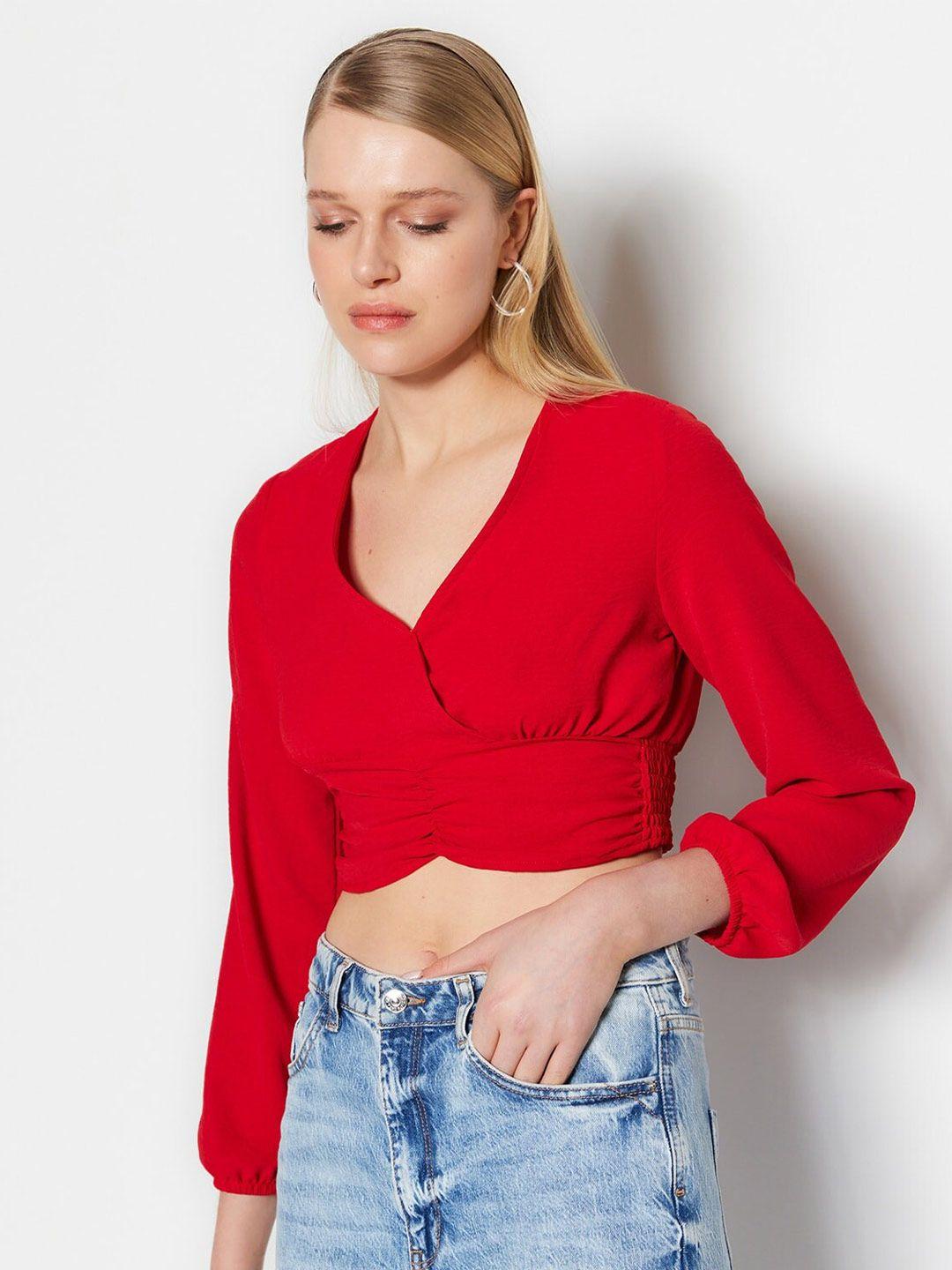 trendyol v-neck long sleeve smocked crop blouson top