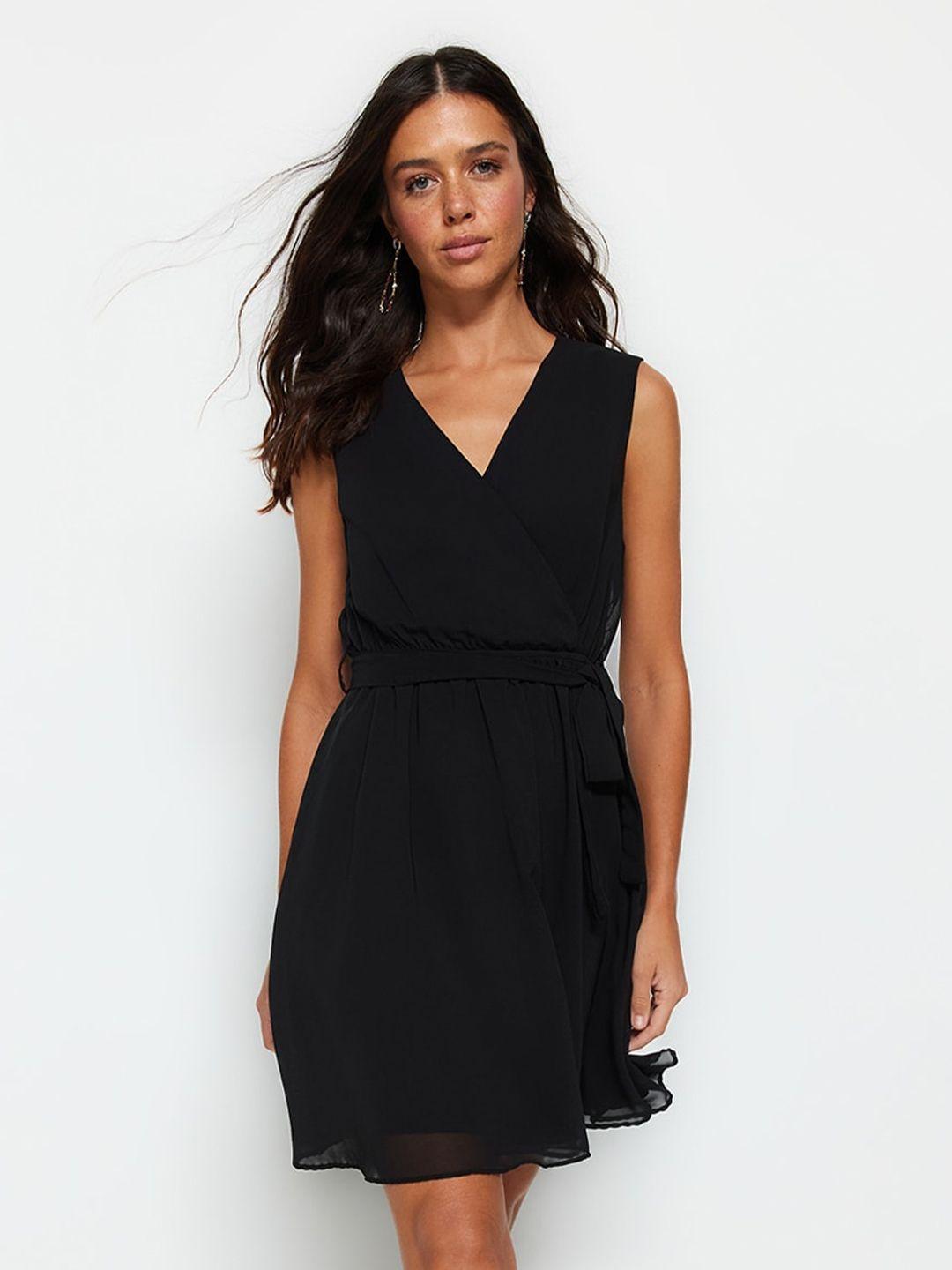 trendyol v-neck sleeveless wrap mini dress