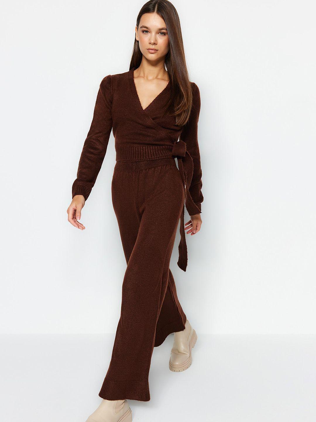 trendyol v-neck wrap top with wide-leg trousers