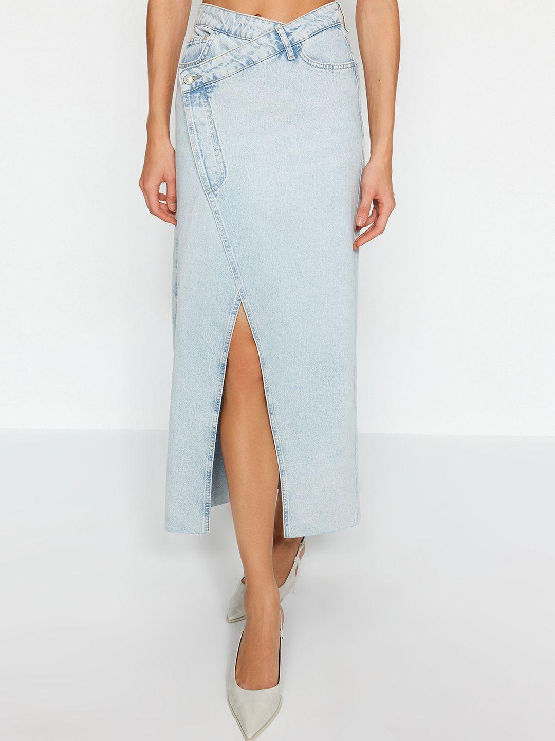trendyol washed pure cotton denim midi wrap skirt