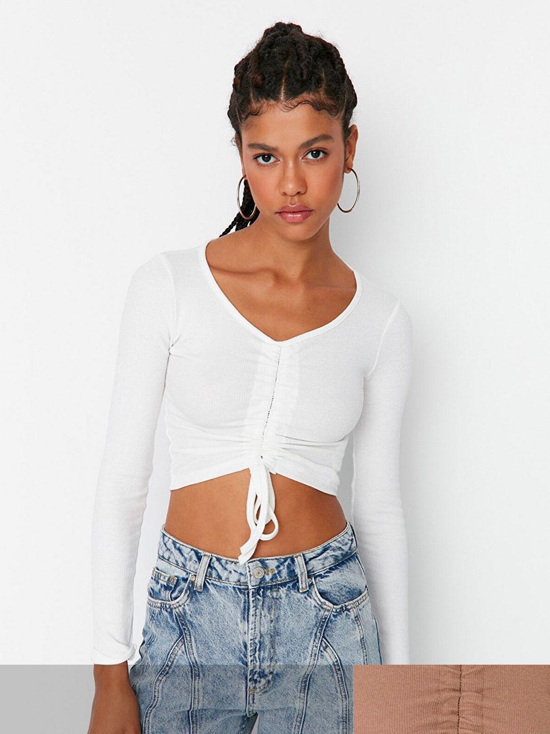 trendyol white & beige pack of 2 ruched crop tops