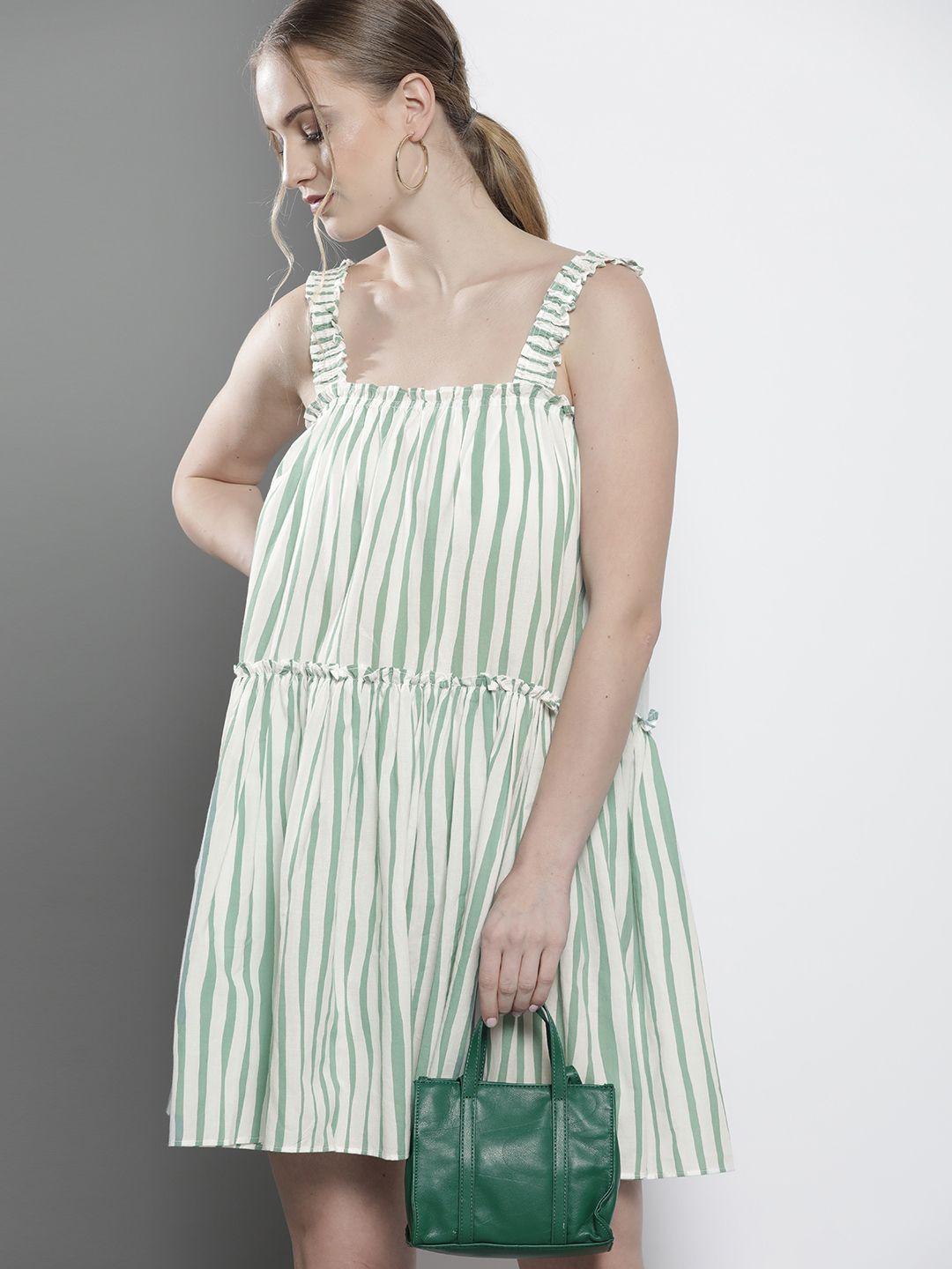 trendyol white & green pure cotton striped a-line dress