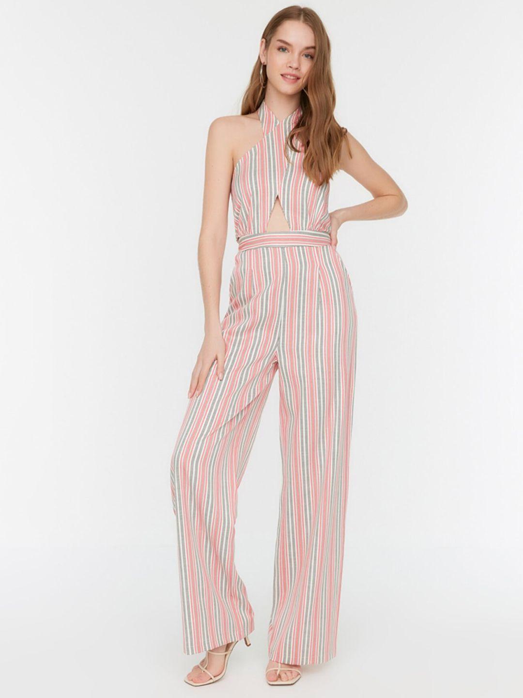 trendyol white & pink halter neck striped basic jumpsuit