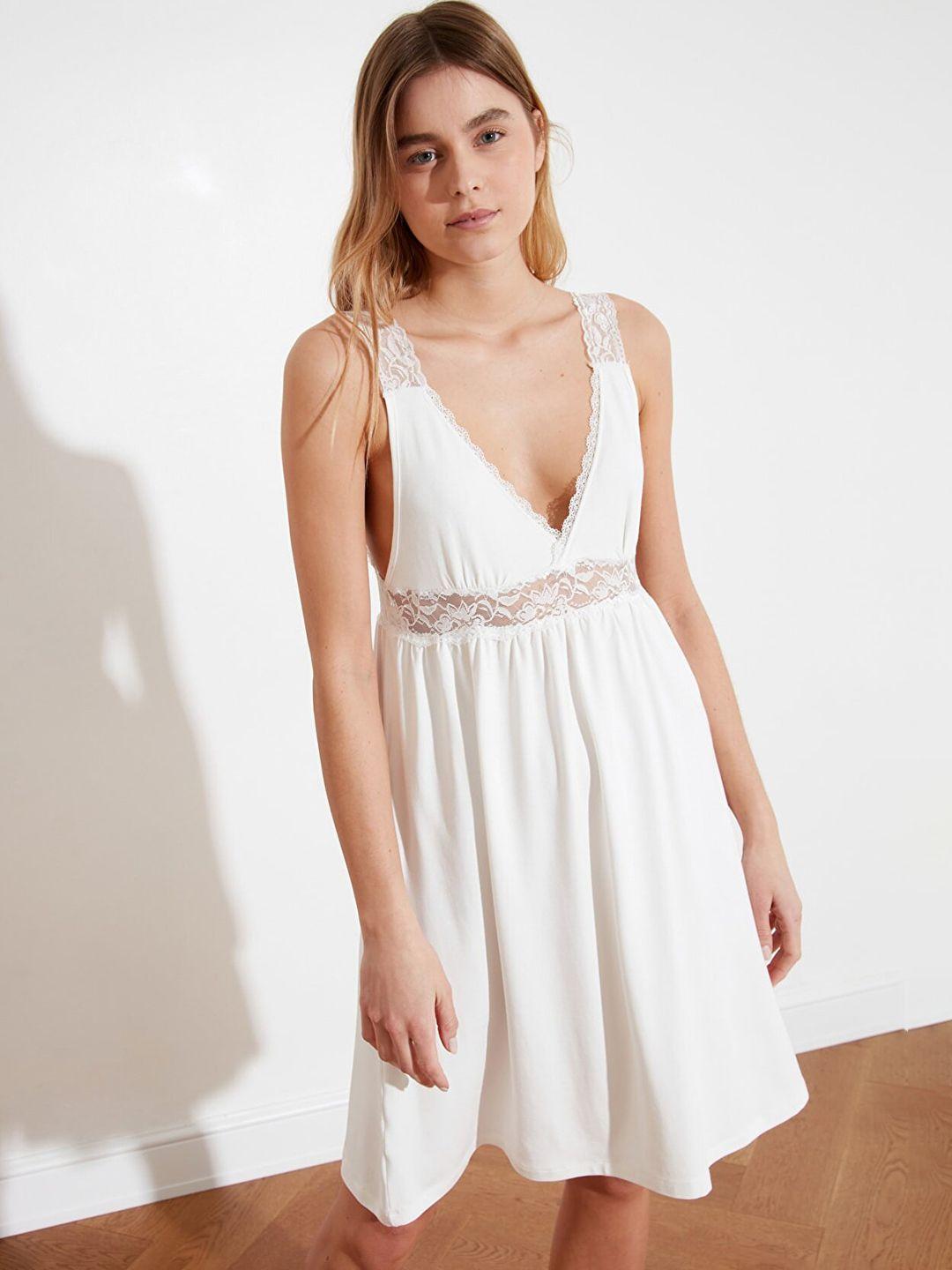 trendyol white solid lace knitted nightdress