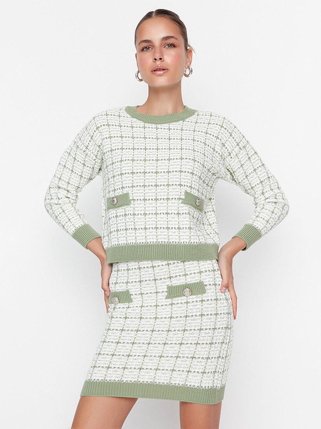 trendyol woman mint green & white checked pure cotton skirt & top