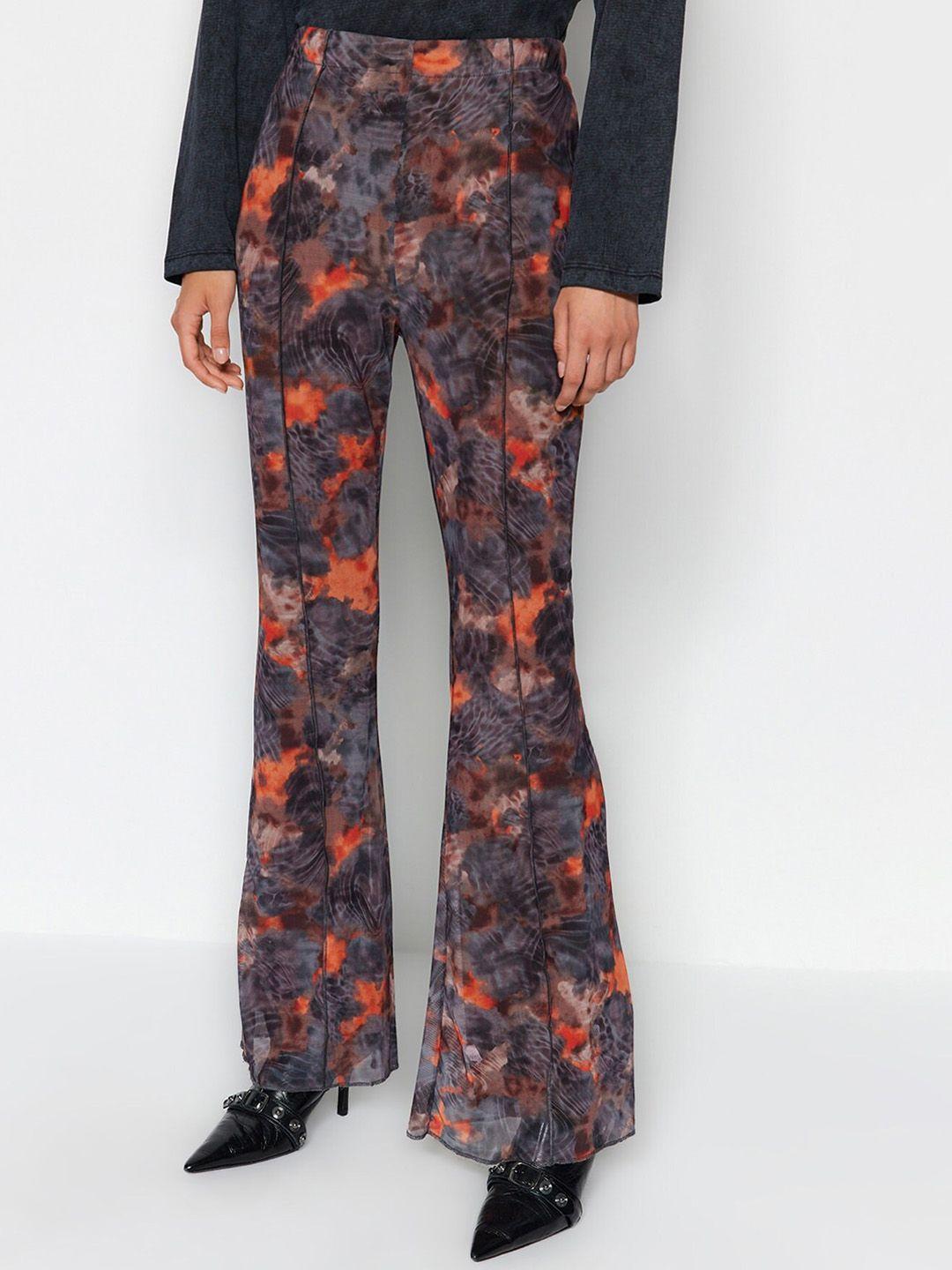 trendyol women abstract printed mid rise plain bootcut trousers