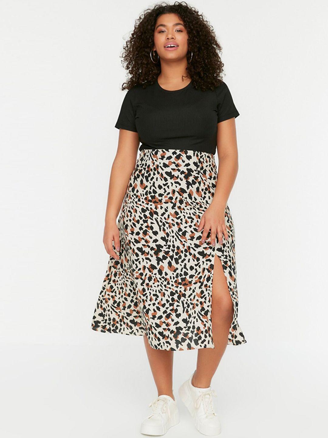 trendyol women beige & black printed a-line midi skirt