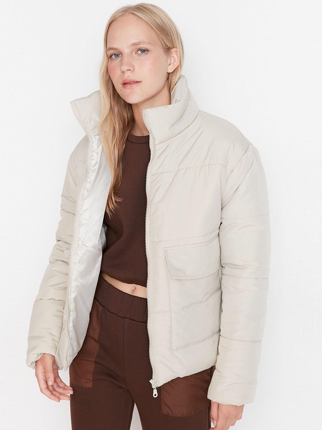 trendyol women beige mock collar puffer jacket