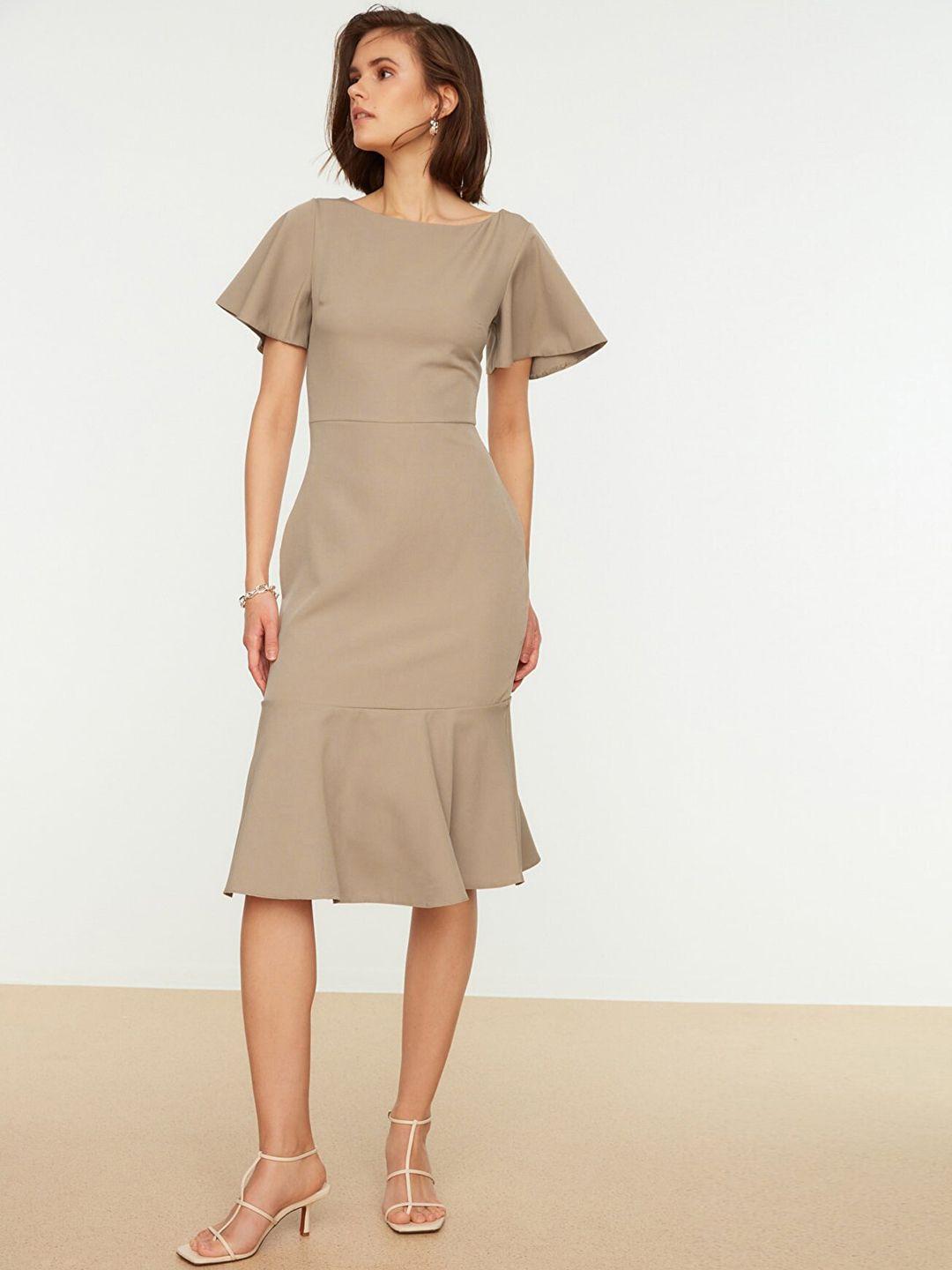 trendyol women beige solid a-line dress