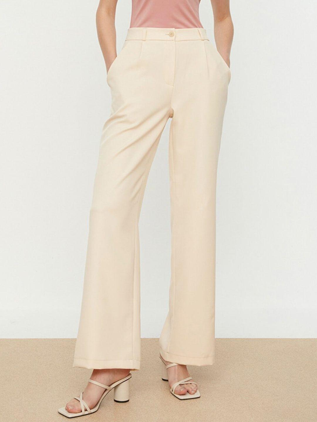 trendyol women beige solid high rise woven parallel trousers