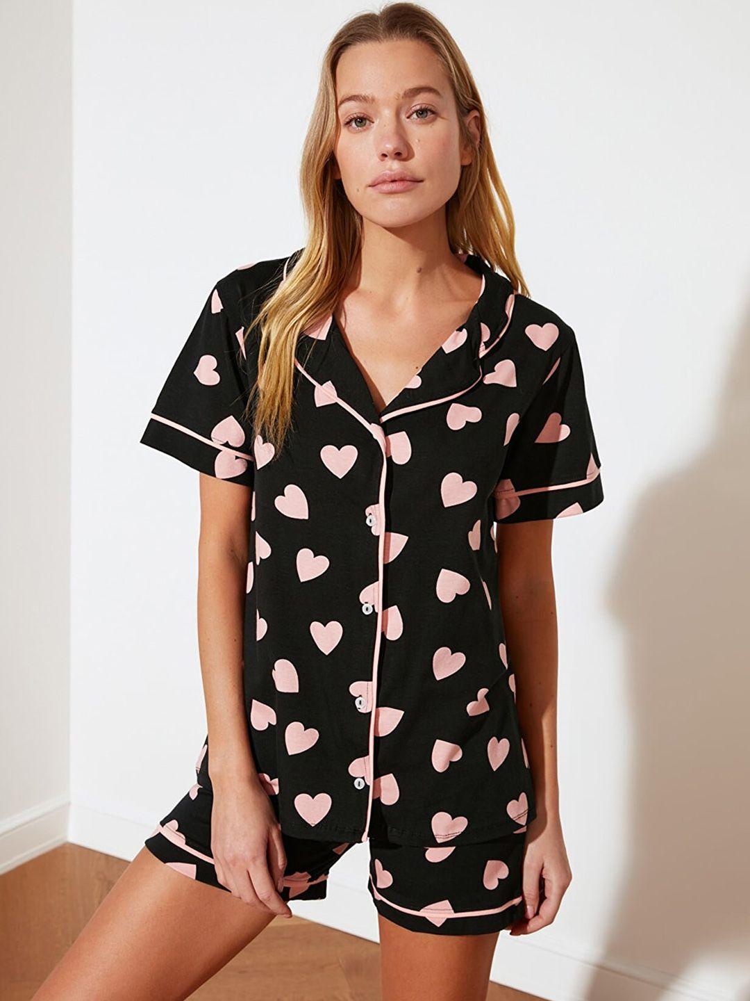 trendyol women black & pink printed night suit