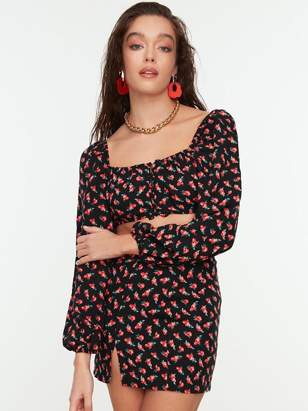 trendyol women black & red printed top with skirt