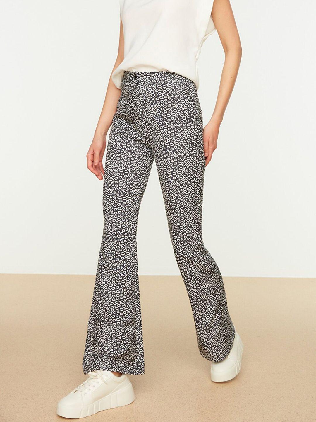 trendyol women black & white animal printed flared fit high-rise trousers