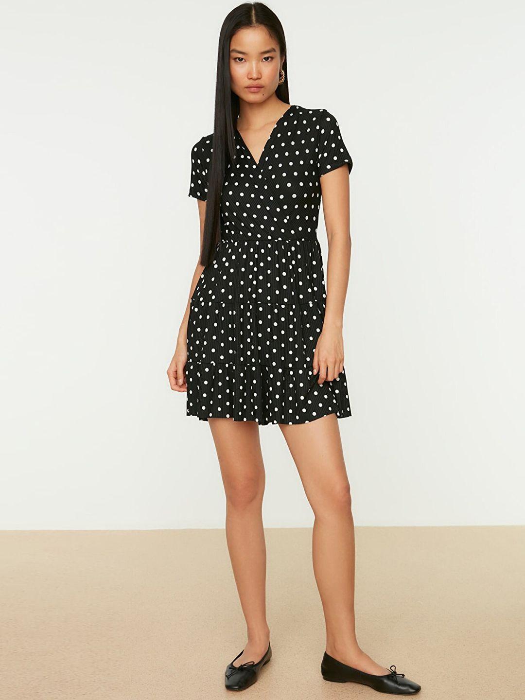 trendyol women black & white polka dot printed a-line dress