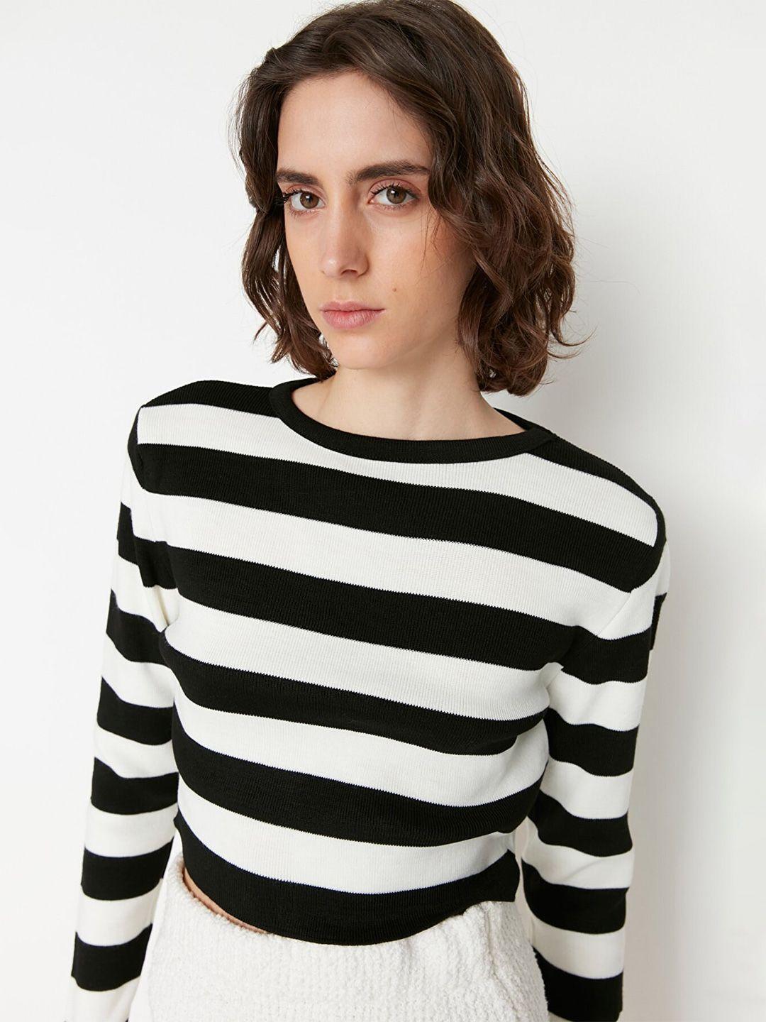 trendyol women black & white striped crop pullover