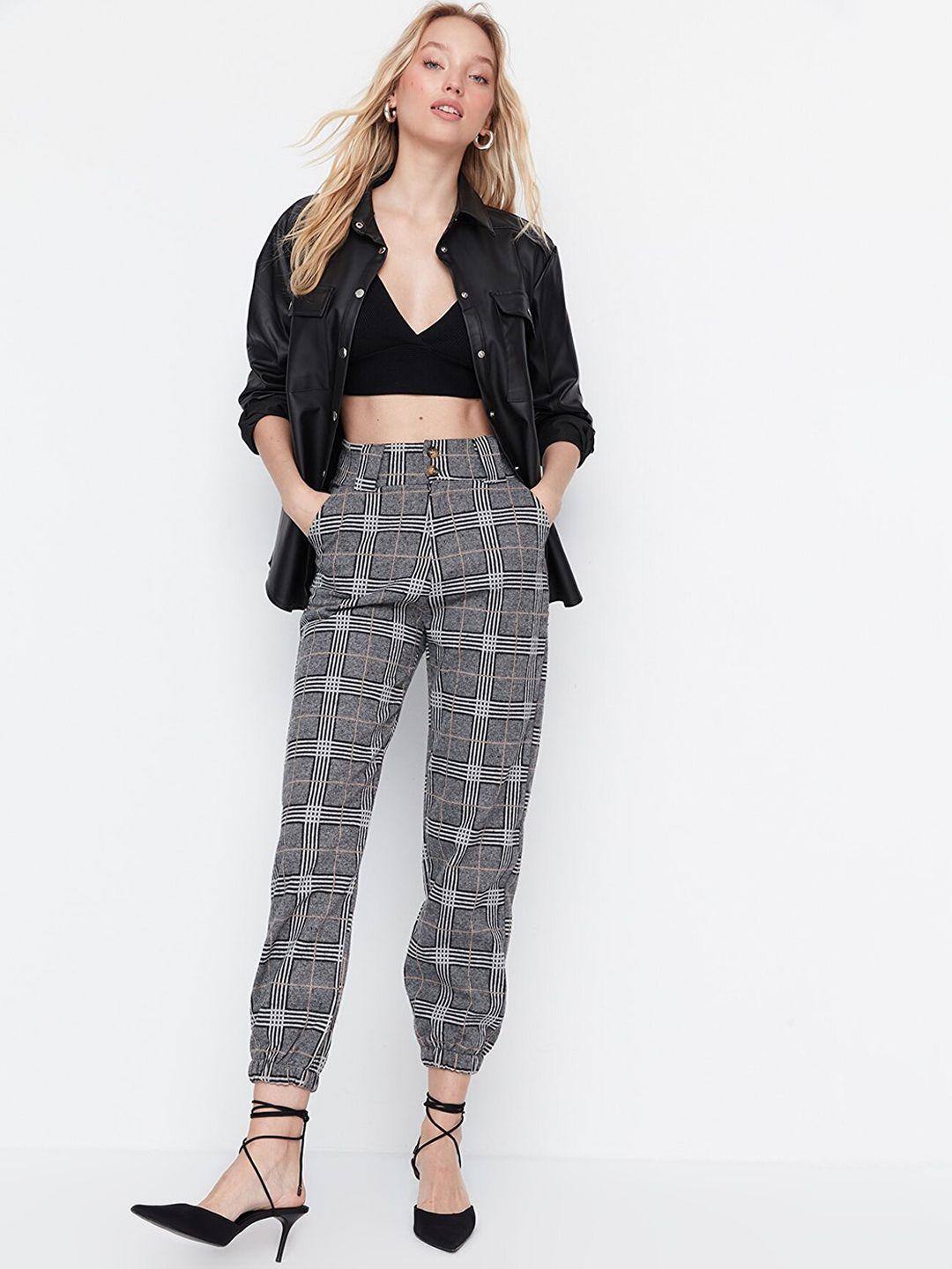 trendyol women black checked joggers trouser