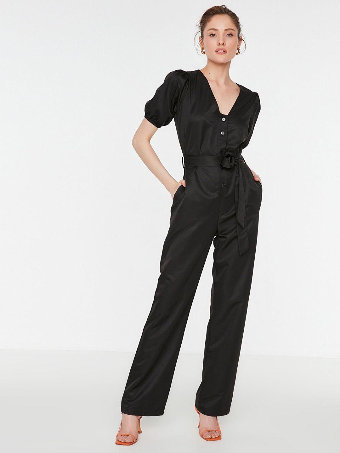 trendyol women black puff sleeve basic jumpsuit with a belt