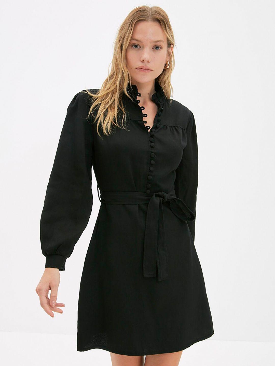 trendyol women black shirt style pure cotton mini dress