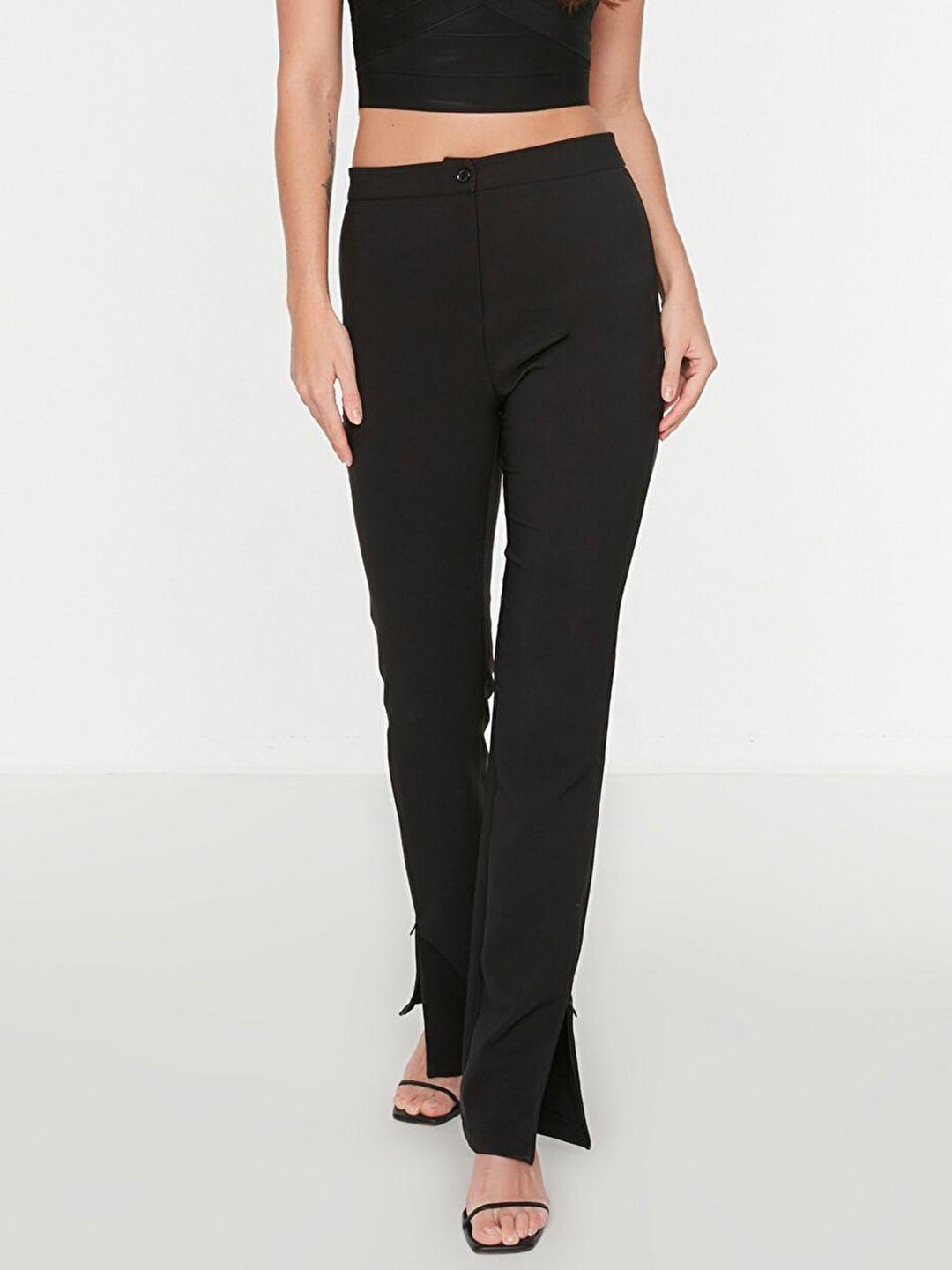 trendyol women black slim fit high-rise trousers with side slits