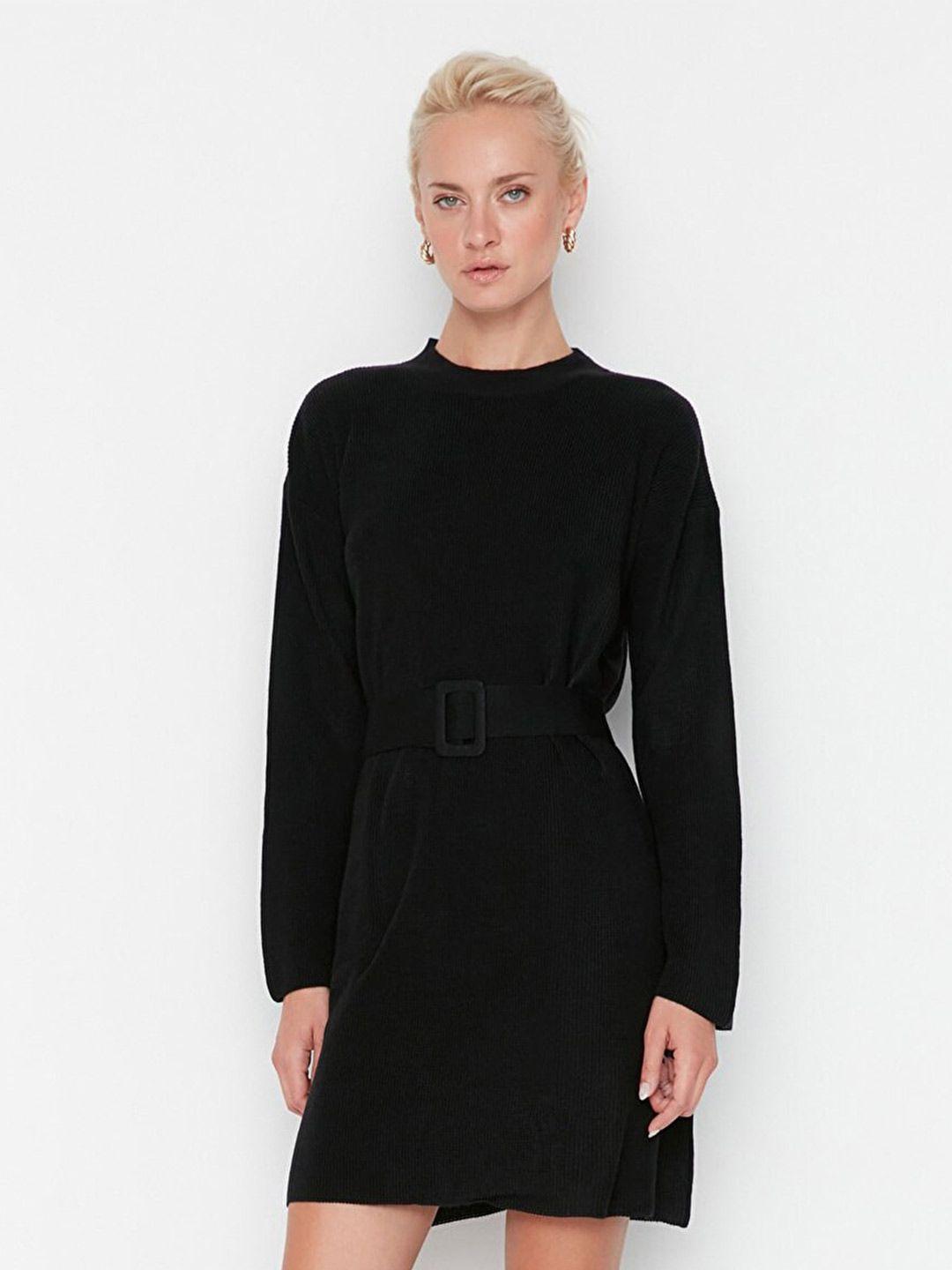 trendyol women black solid acrylic high neck jumper dress