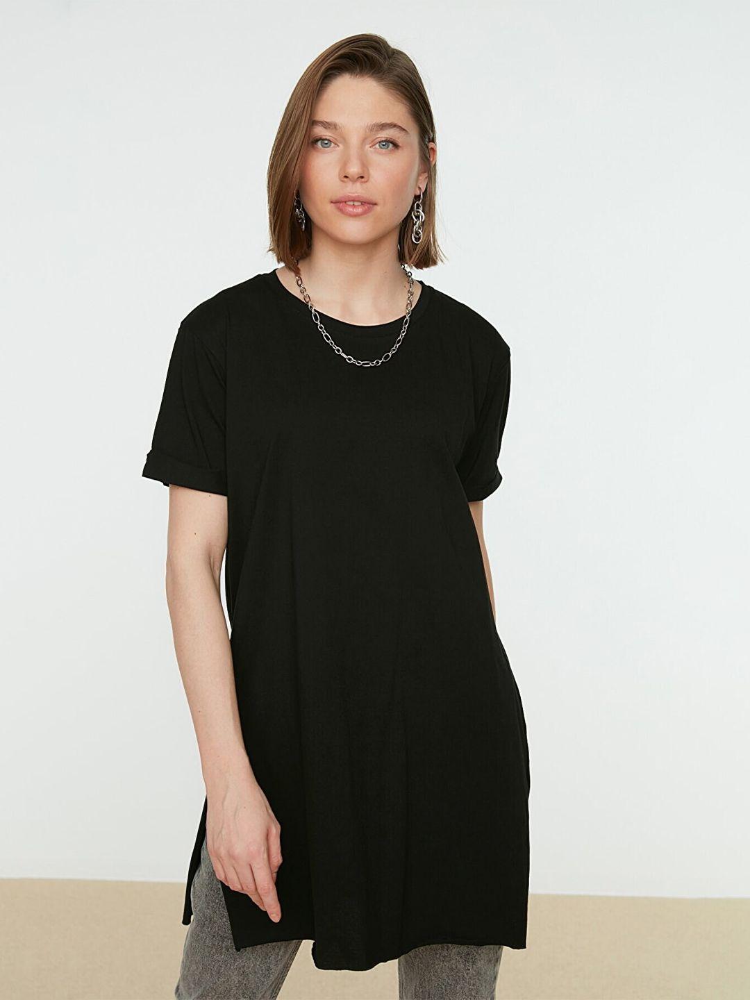 trendyol women black solid longline cotton t-shirt