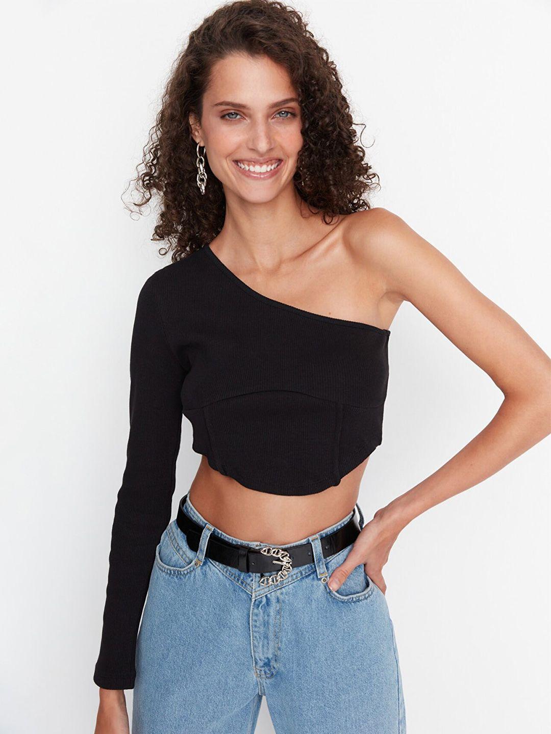 trendyol women black solid one shoulder pure cotton crop top