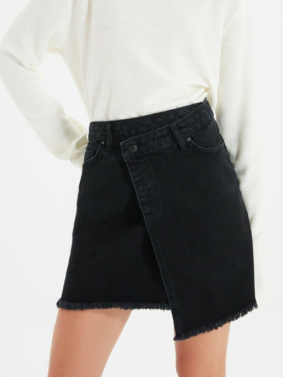 trendyol women black solid pure cotton asymmetric denim skirt