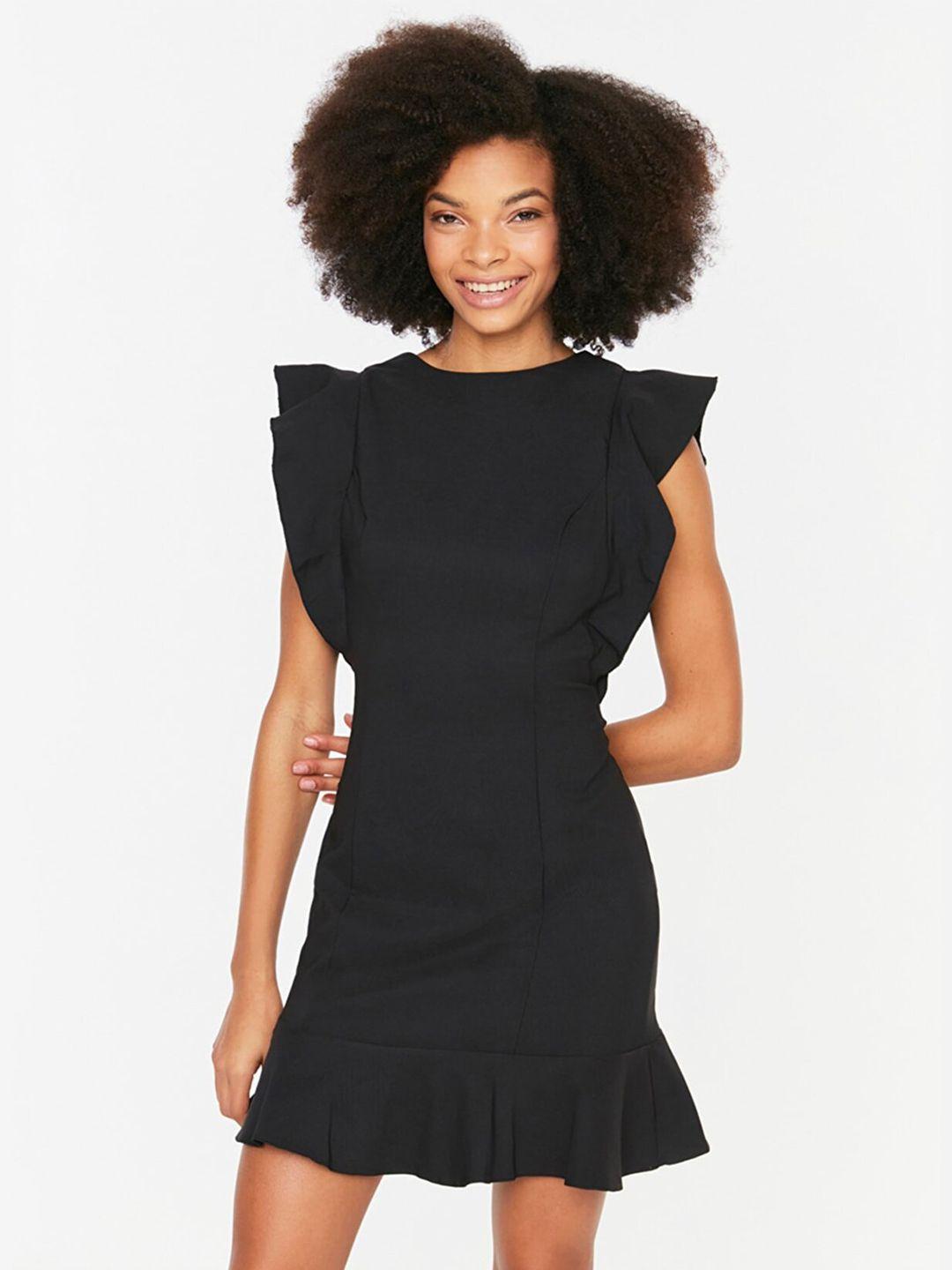 trendyol women black solid ruffled sheath mini dress