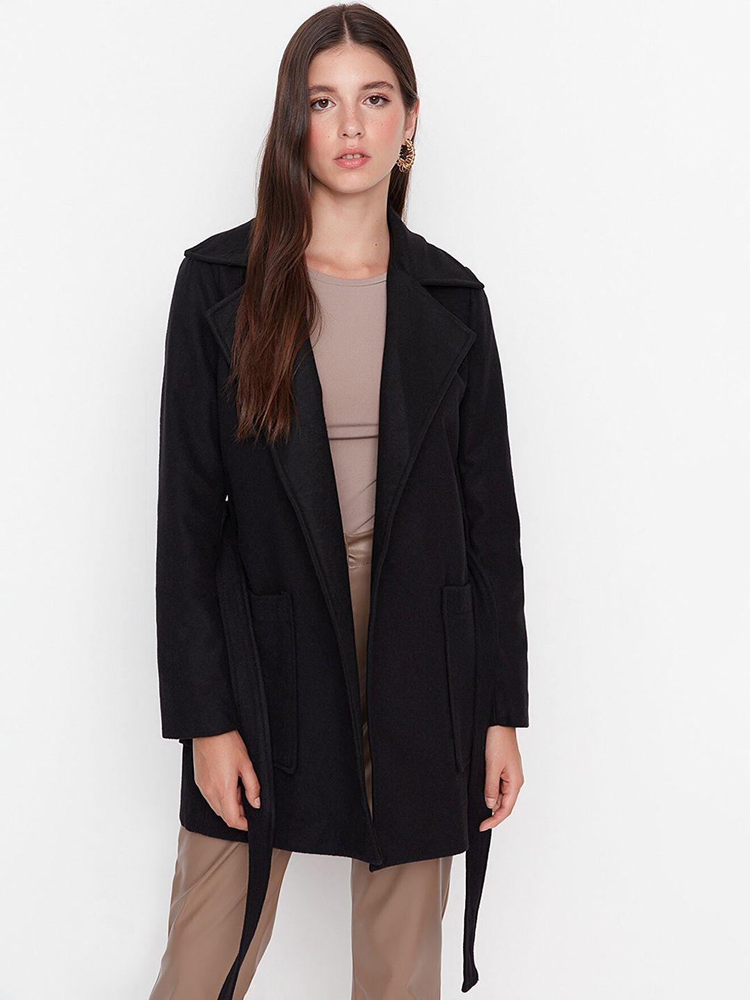 trendyol women black solid wrap coat