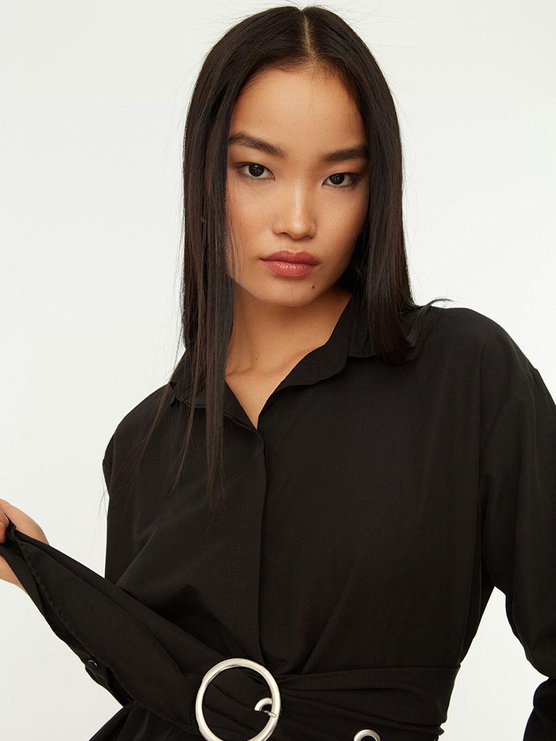 trendyol women black spread collar casual shirt