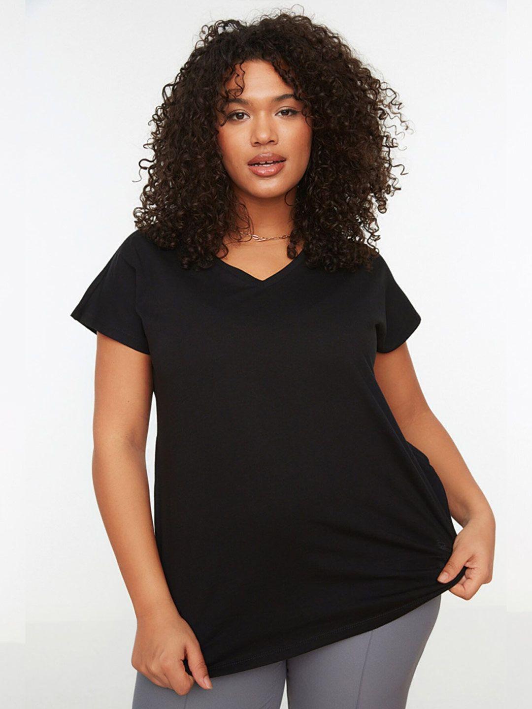 trendyol women black v-neck extended sleeves plus t-shirt