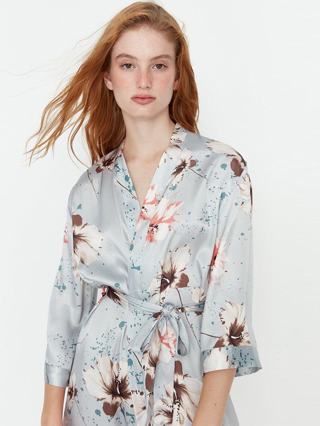 trendyol women blue & brown floral printed cotton bath robe