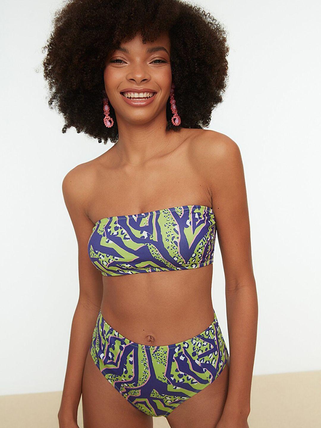 trendyol women blue & green printed swim suit