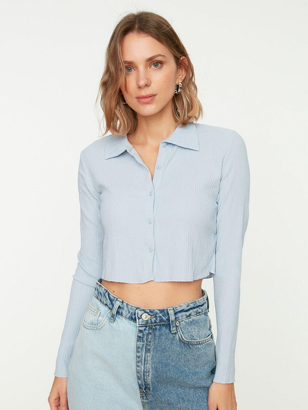 trendyol women blue shirt style long sleeves  crop top