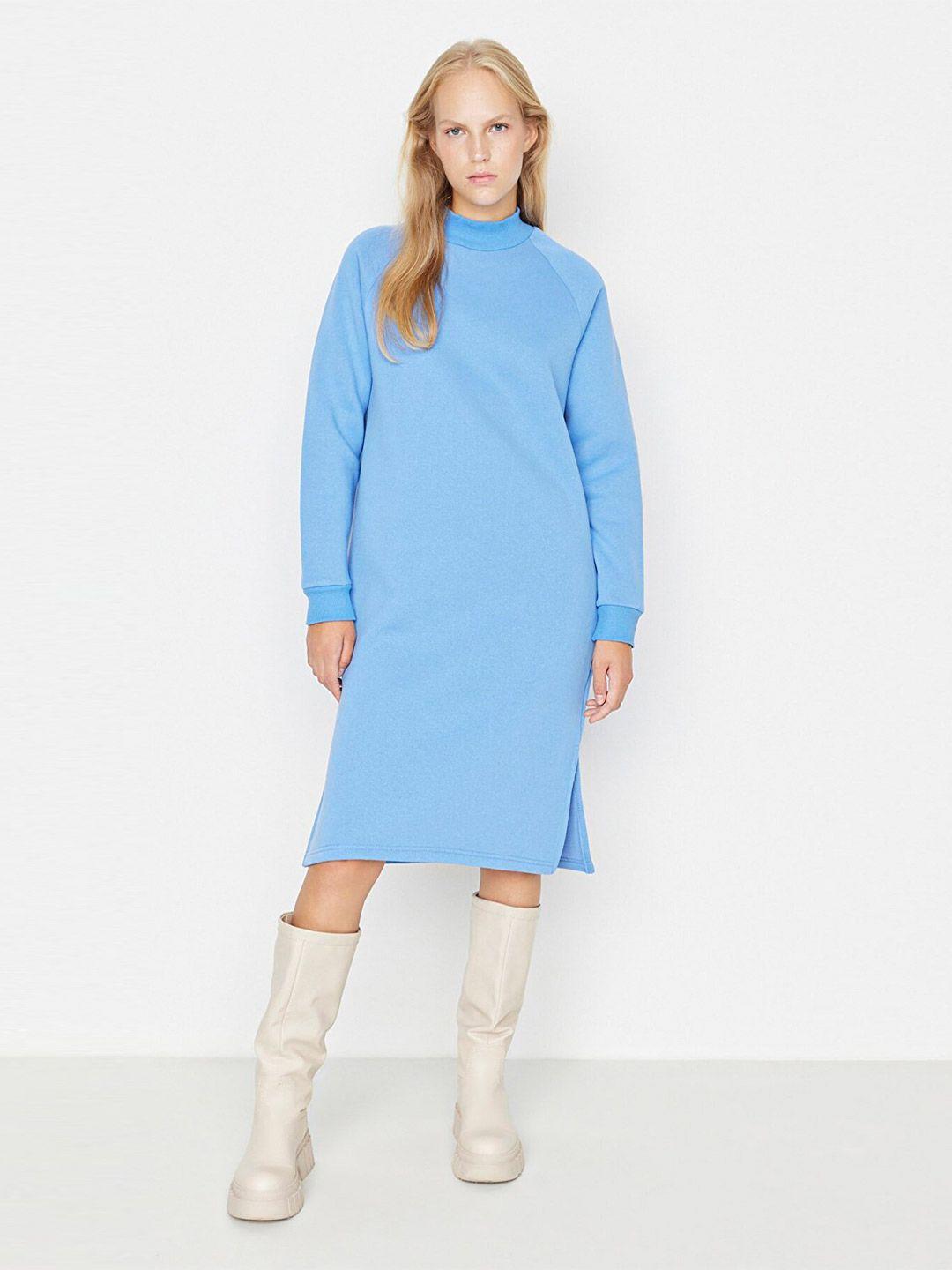 trendyol women blue solid high neck sweater midi dress