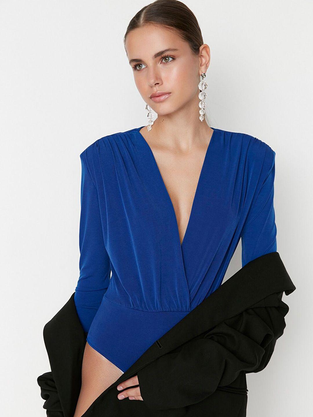 trendyol women blue solid polyester bodysuit