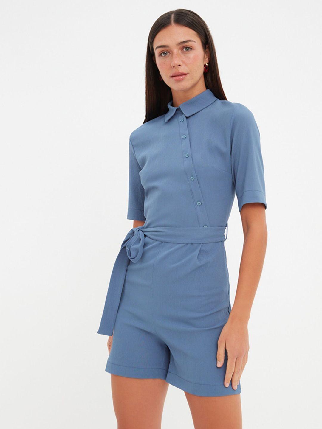 trendyol women blue textured jumpsuit with belt