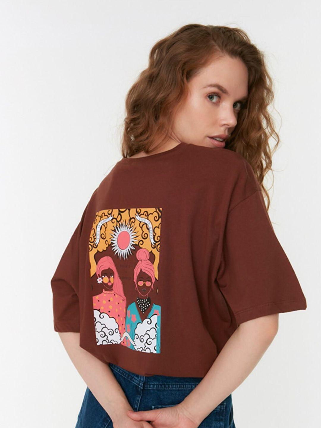 trendyol women brown printed pure cotton t-shirt